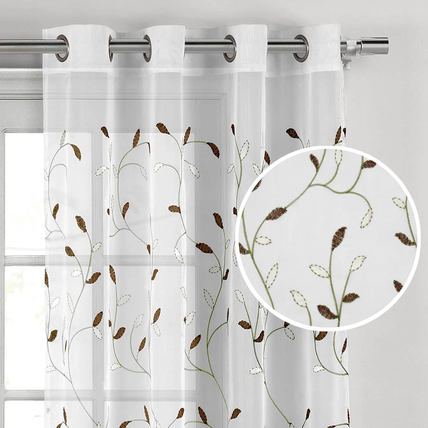 Grommet Curtain Panel, Embroidered Sheer Extra-Wide, Brown 54" x 84"