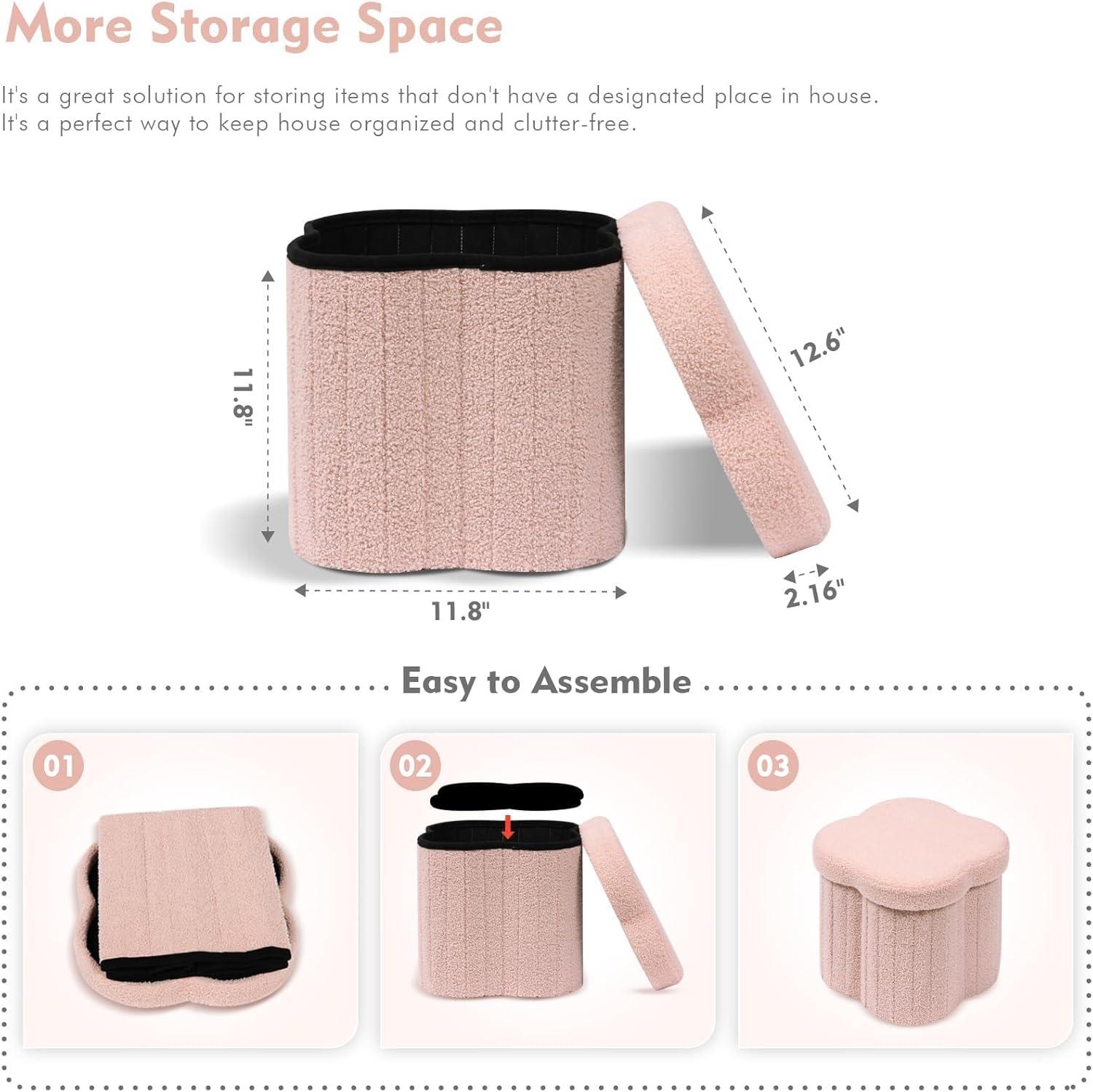 PINPLUS 12.6" Storage Ottoman,Toy Chest Box，Folding Footrest Stool Seat,Flower Shape,Sherpa Fabric,Pink