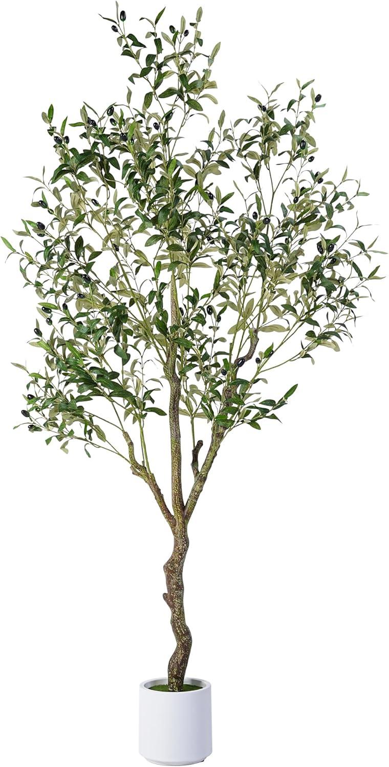 6FT Tall Artificial Olive Tree with Realistic Trunk and Leaves in White Pot