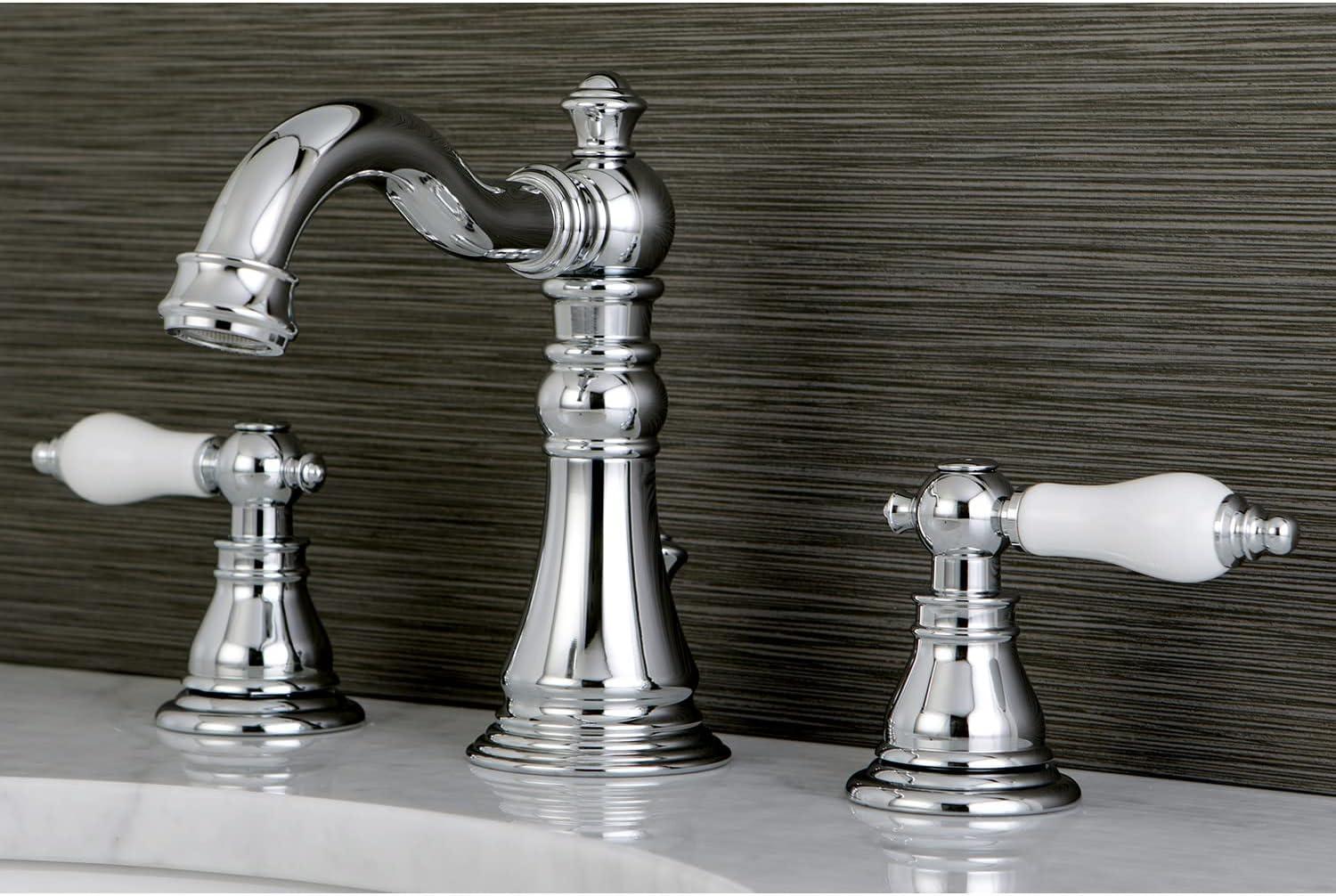 Kingston Brass American Patriot Two-Handle 3-Hole Deck Mount Widespread Bathroom Faucet with Brass Pop-Up Drain