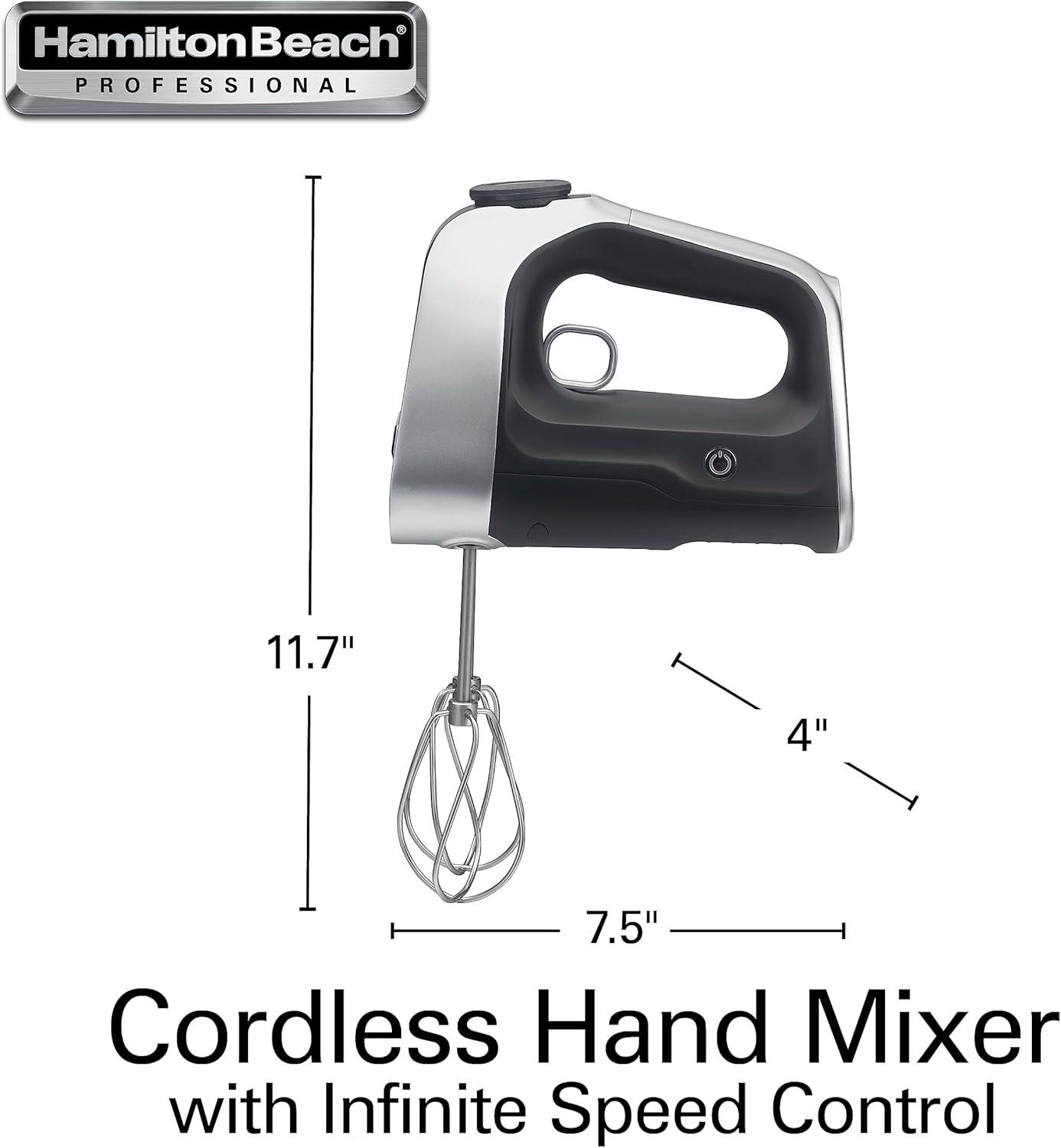 Hamilton Beach Professional Cordless Hand Mixer with Infinite Speed Control, Black and Silver, 62673