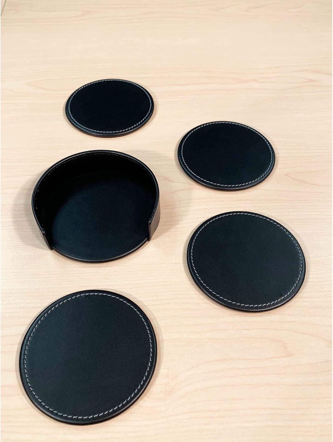 Rustic Black Leather 4-Round Coaster Set