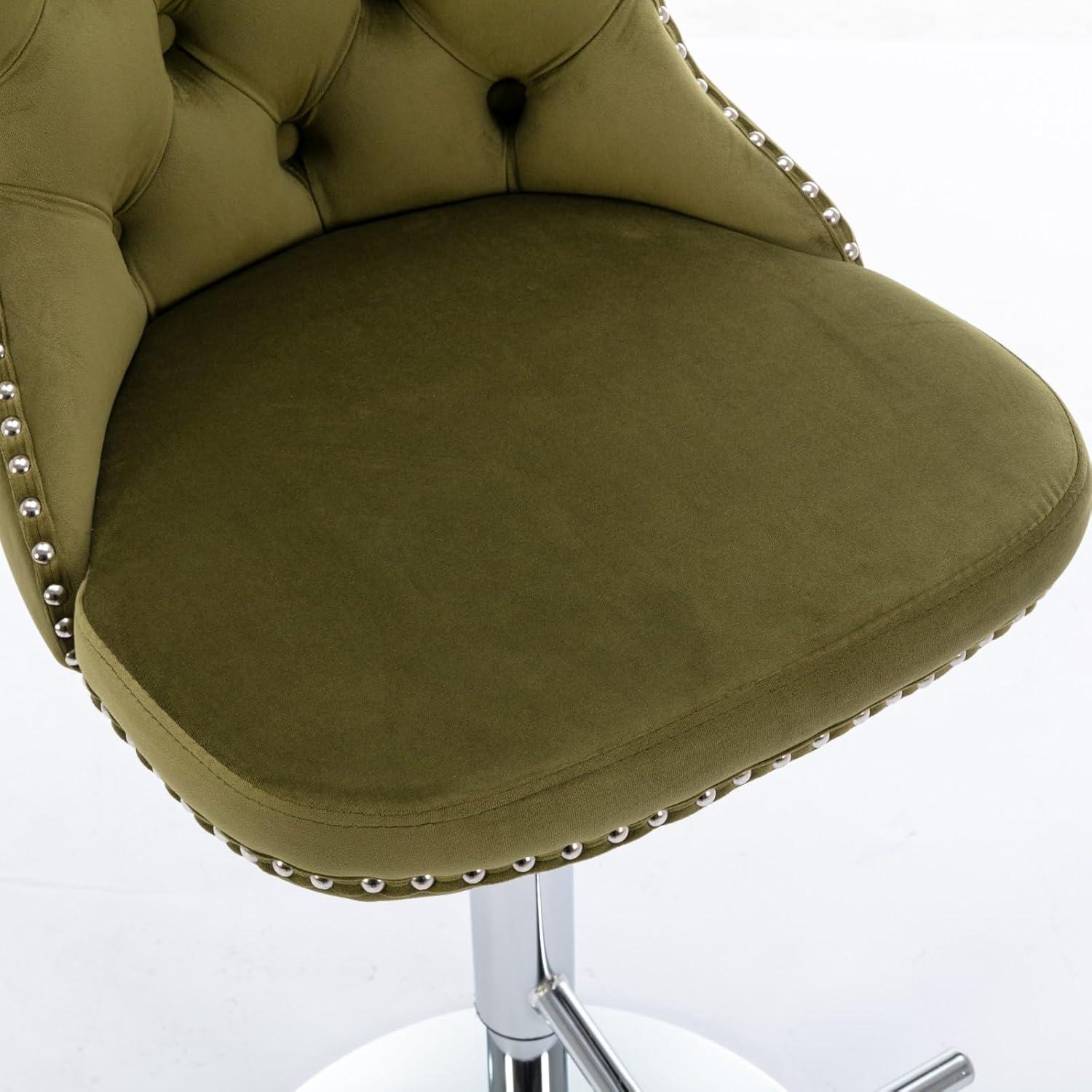 Olive Green Velvet Adjustable Swivel Bar Stools with Chrome Base