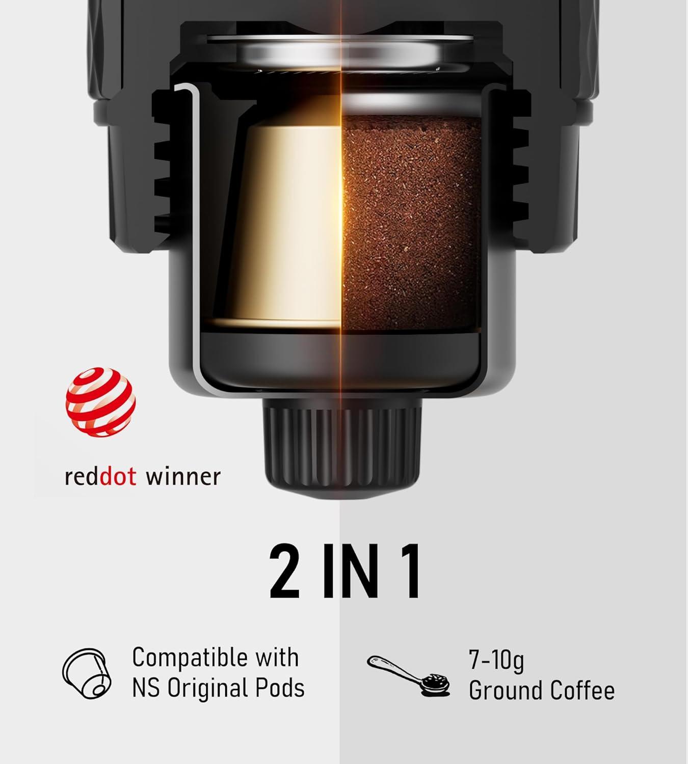 Compact Black Portable Espresso Maker with Capsule Compatibility
