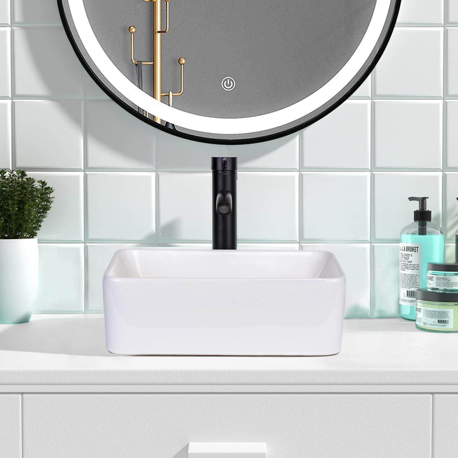 White Rectangular Ceramic Above-Counter Vessel Sink