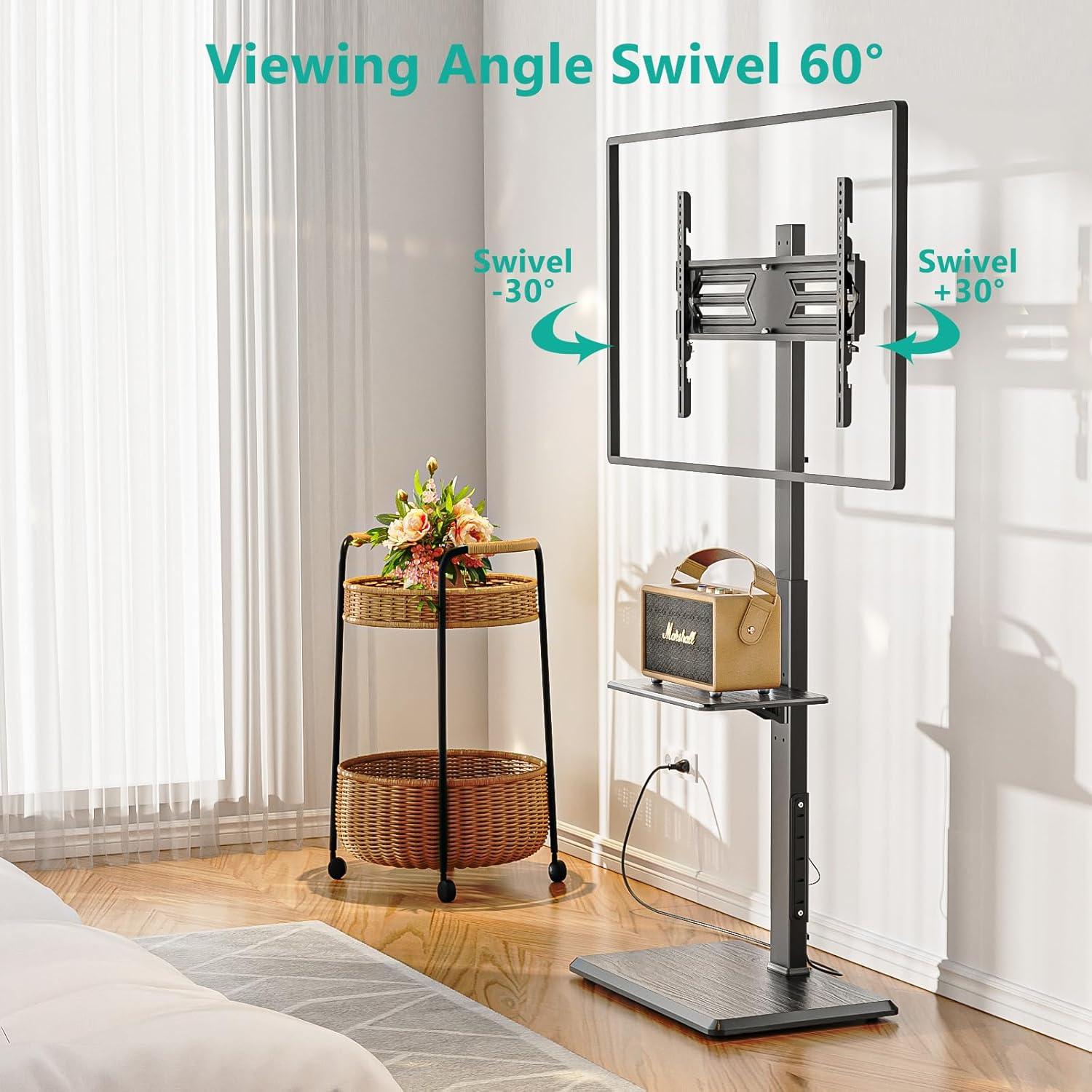 WALI Floor TV Stand with Power Outlet & AV Shelf, Tall TV Stand Mount for 32-75 inch TV up to 110 lbs, Swivel and Height Adjustable TV Stands with Wood Base for Bedroom, Office(TVDVD-6P), Black