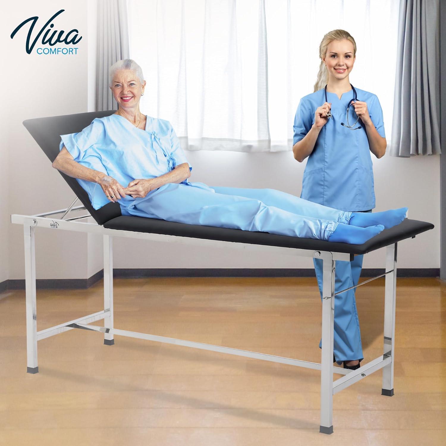 Adjustable Black Leather Medical Exam Table with Stainless Steel Frame