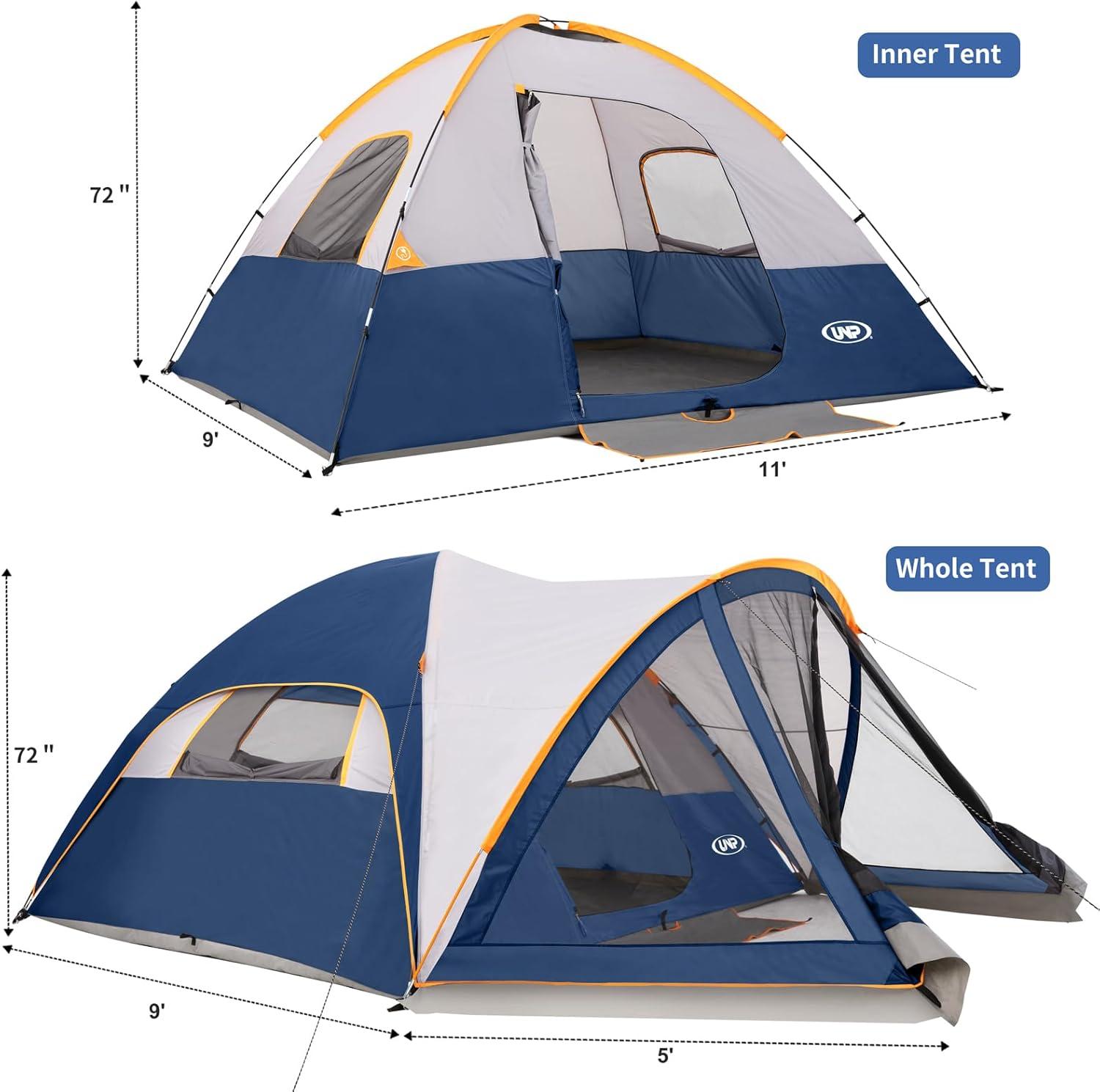 UNP Camping Tent with Screen Room, Portable 6 Person Camping Tent with Screen Porch, Family Dome Tent for Camping Outdoor - 14'x11'x72''(H)