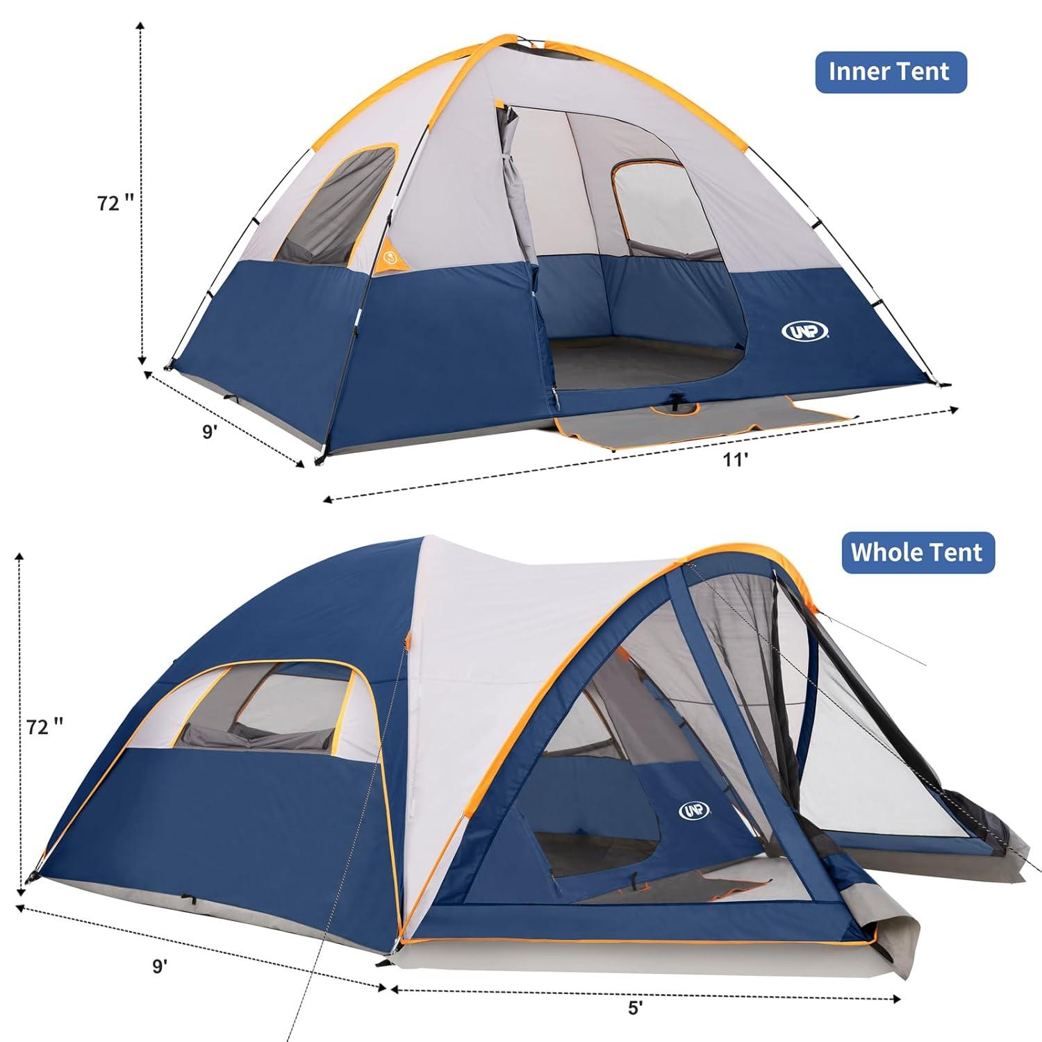 UNP Camping Tent with Screen Room, Portable 6 Person Camping Tent with Screen Porch, Family Dome Tent for Camping Outdoor - 14'x11'x72''(H)