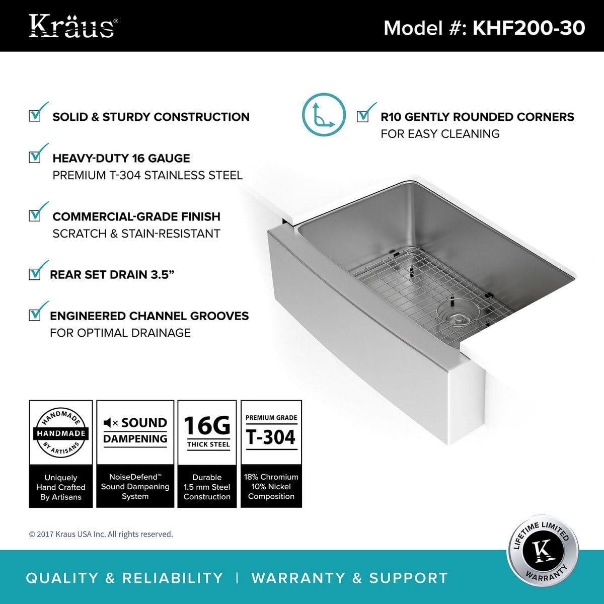 KRAUS Standart Pro Apron Front Farmhouse 16 Gauge Single Bowl Stainless Steel Kitchen Sink