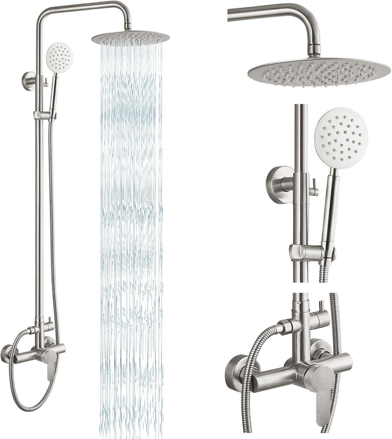 Brushed Nickel Wall Mounted Rain Shower System with Handheld