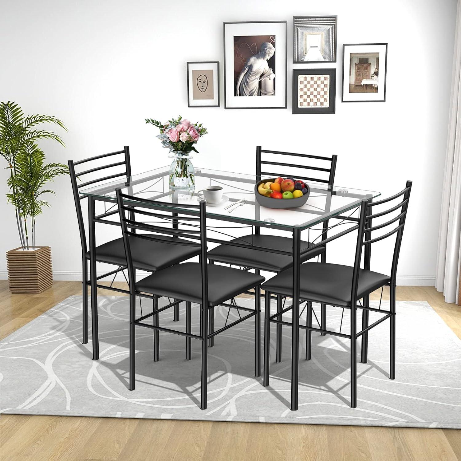 Finihen Dining Set, Dining Table Set, 5 Pieces Dining Set with Tempered Glass Top Table and 4 Upholstered Chairs, for Home, Restaurant, Black