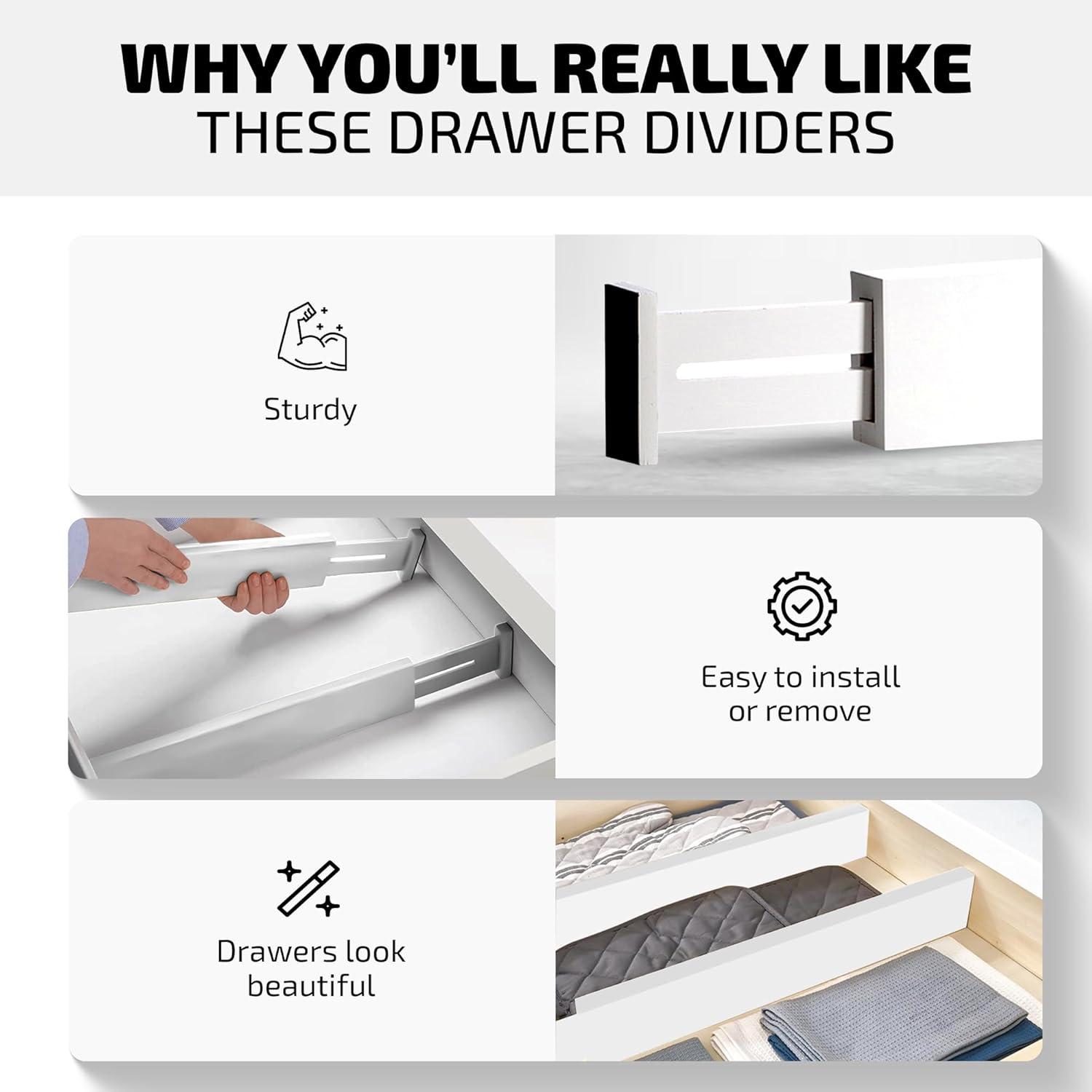 4 Pack Drawer Dividers Bamboo 2.6" High, 16-22" Adjustable Drawer Organizers for Clothes, Expandable Dresser Separators in Bedroom/Bathroom/Kitchen/Office Organization and Storage (Natural)