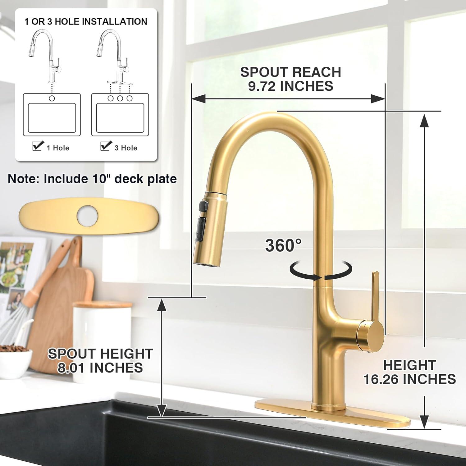 Brushed Gold Stainless Steel Kitchen Faucet with Pull-Out Spray