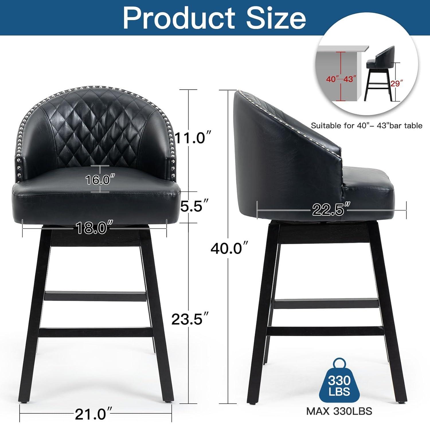 ECOTOUGE Swivel Bar Stools Set of 2, 26" Seat Height Kitchen Stools with Back & Wood Legs, Velvet Upholstered Counter Stools with Pull Ring for Kitchen Island, Dining Room, Pub & Cafe, Black