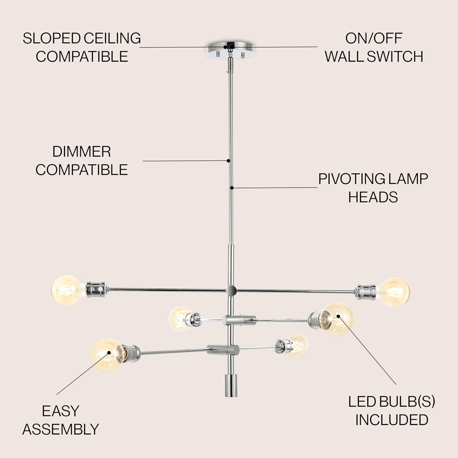 Atlas 36" 6-Light Modern Vintage Iron Arm-Adjustable LED Chandelier, Chrome
