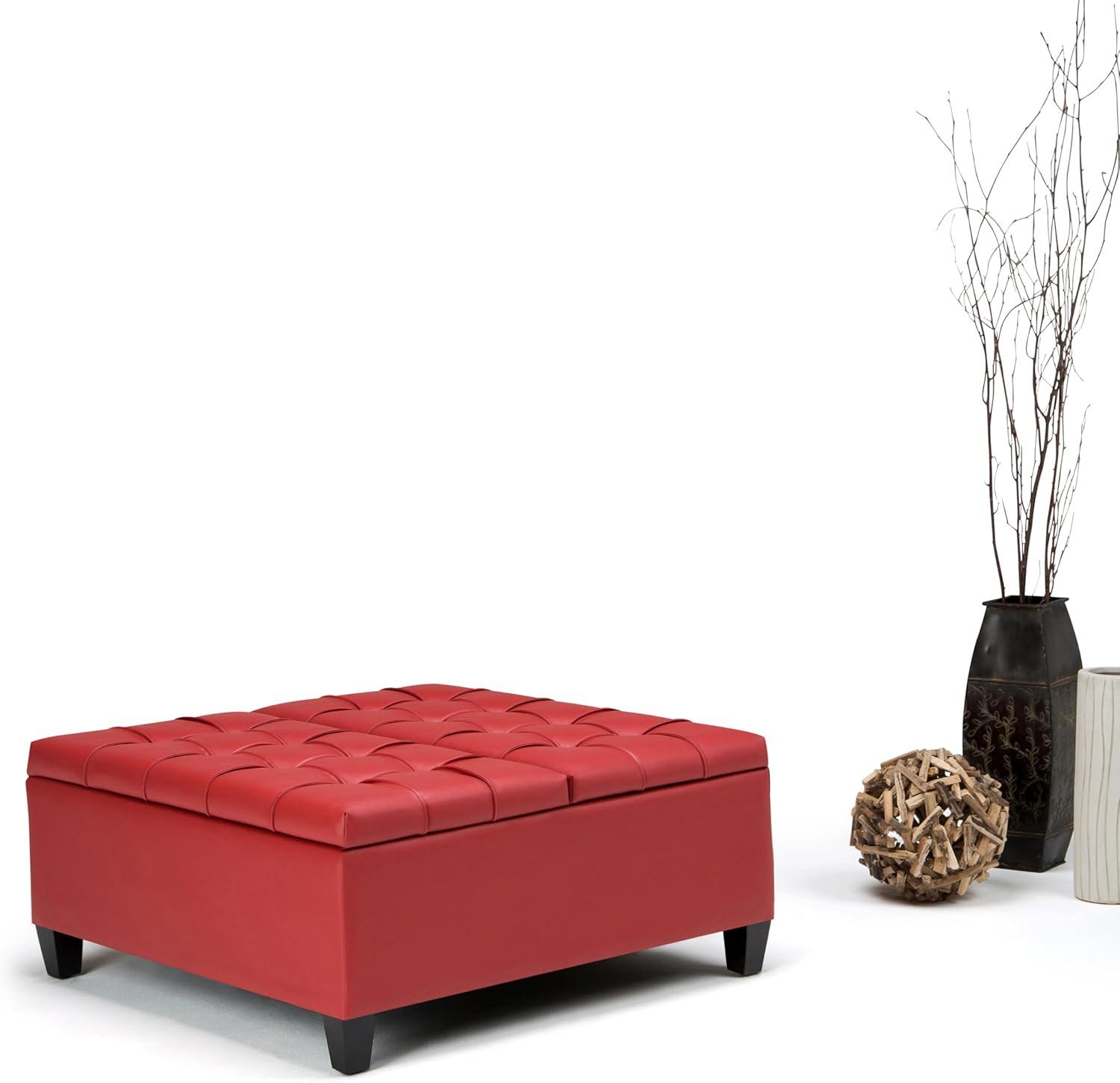 Simpli Home Harrison 36"W Upholstered Square Coffee Table Storage Ottoman with Split Lift Top