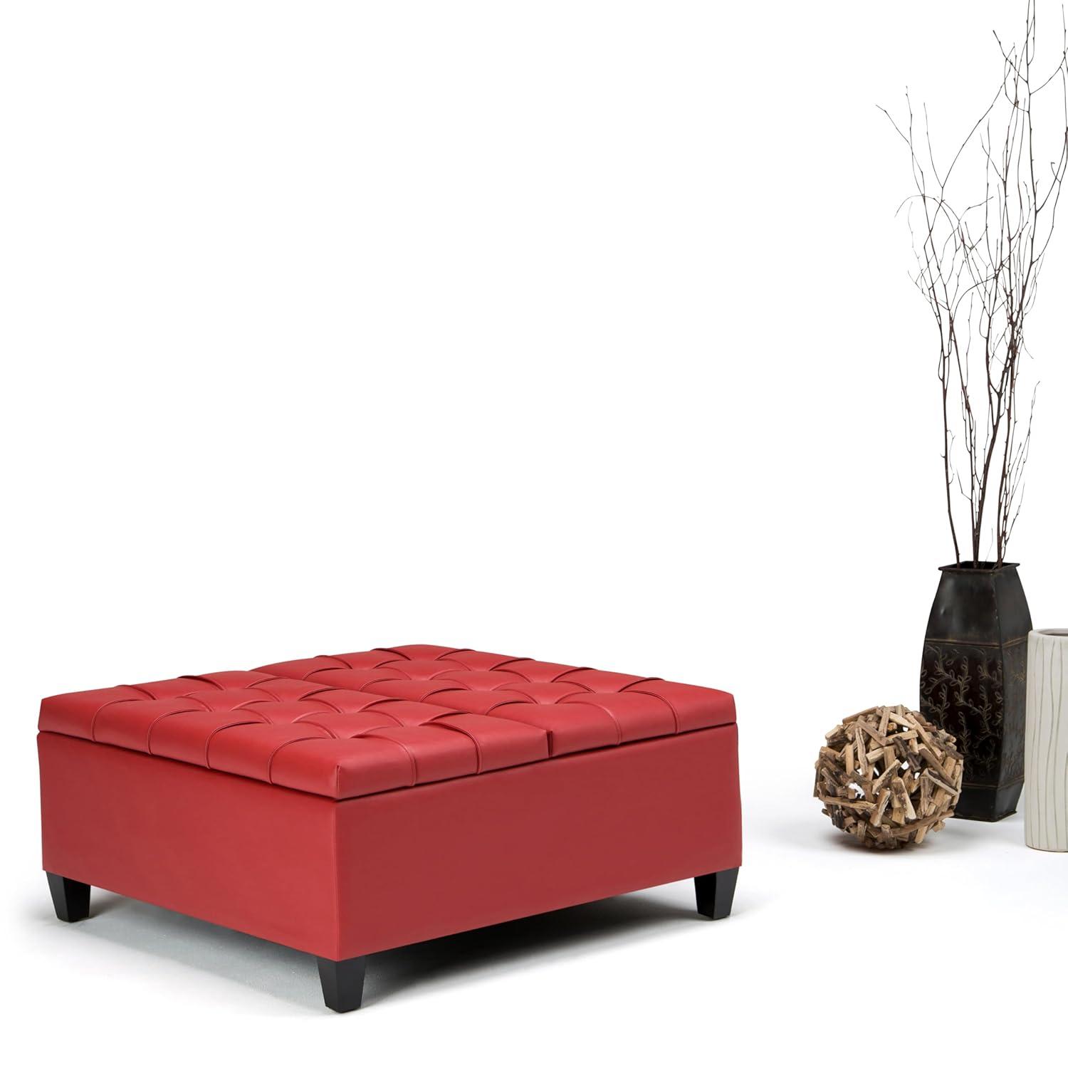 Simpli Home Harrison 36"W Upholstered Square Coffee Table Storage Ottoman with Split Lift Top