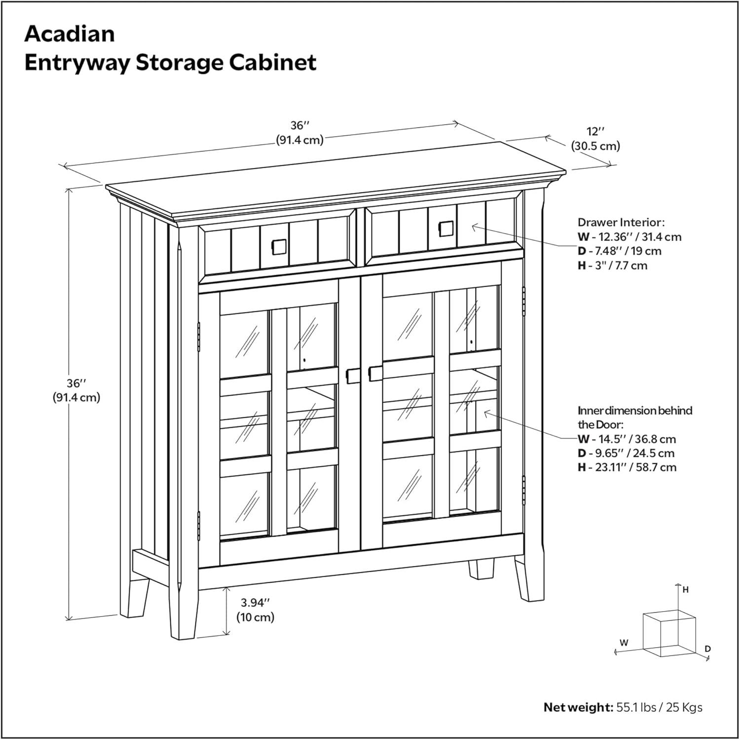 Simpli Home Acadian 36"W Solid Wood 2-Shelf Entryway Storage Cabinet with Glass Doors and 2 Drawers