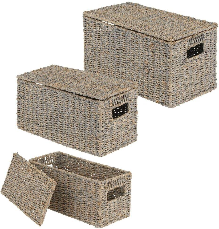 mDesign Woven Seagrass Home Storage Basket with Lid, Set of 3