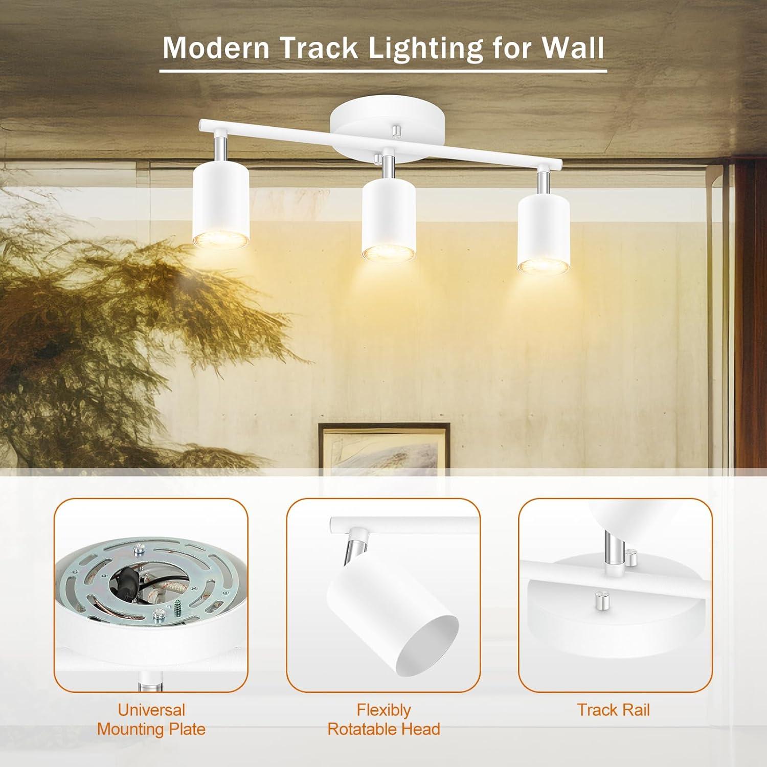 LED 3 Light Track Lighting Kit, LED Track Lighting Fixtures, White Round Ceiling Spot Lighting, Flexibly Rotatable Light Head for Kitchen, Living Room, Bedroom, GU10 Bulb Not Included