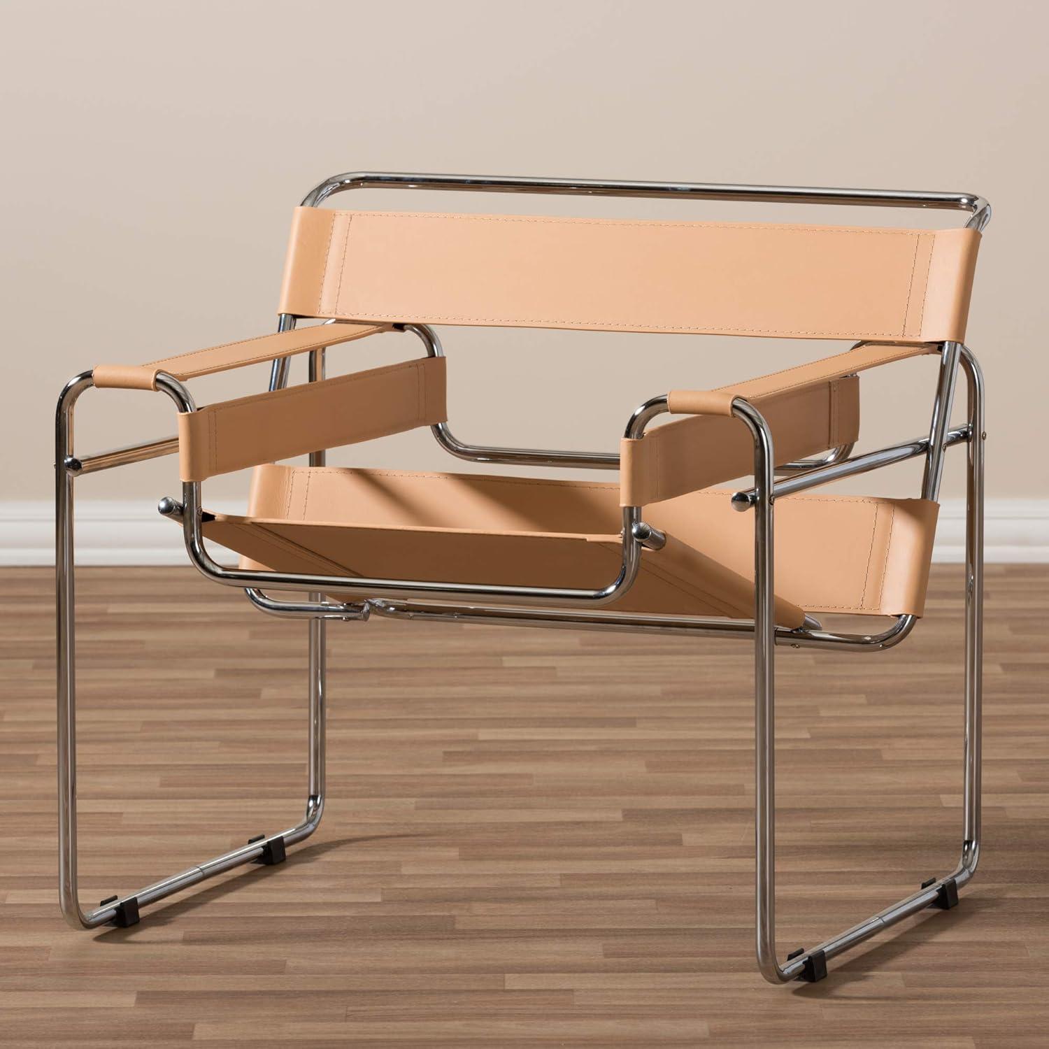 Baxton Studio Jericho Leather Mid Century Modern Accent Chair Tan: Chrome Finish, No-Mar Feet, Fully Assembled