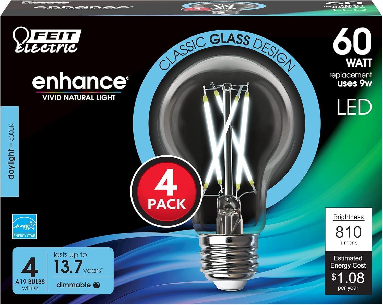 Feit Electric Clear Dimmable LED A19 Light Bulbs 4-Pack