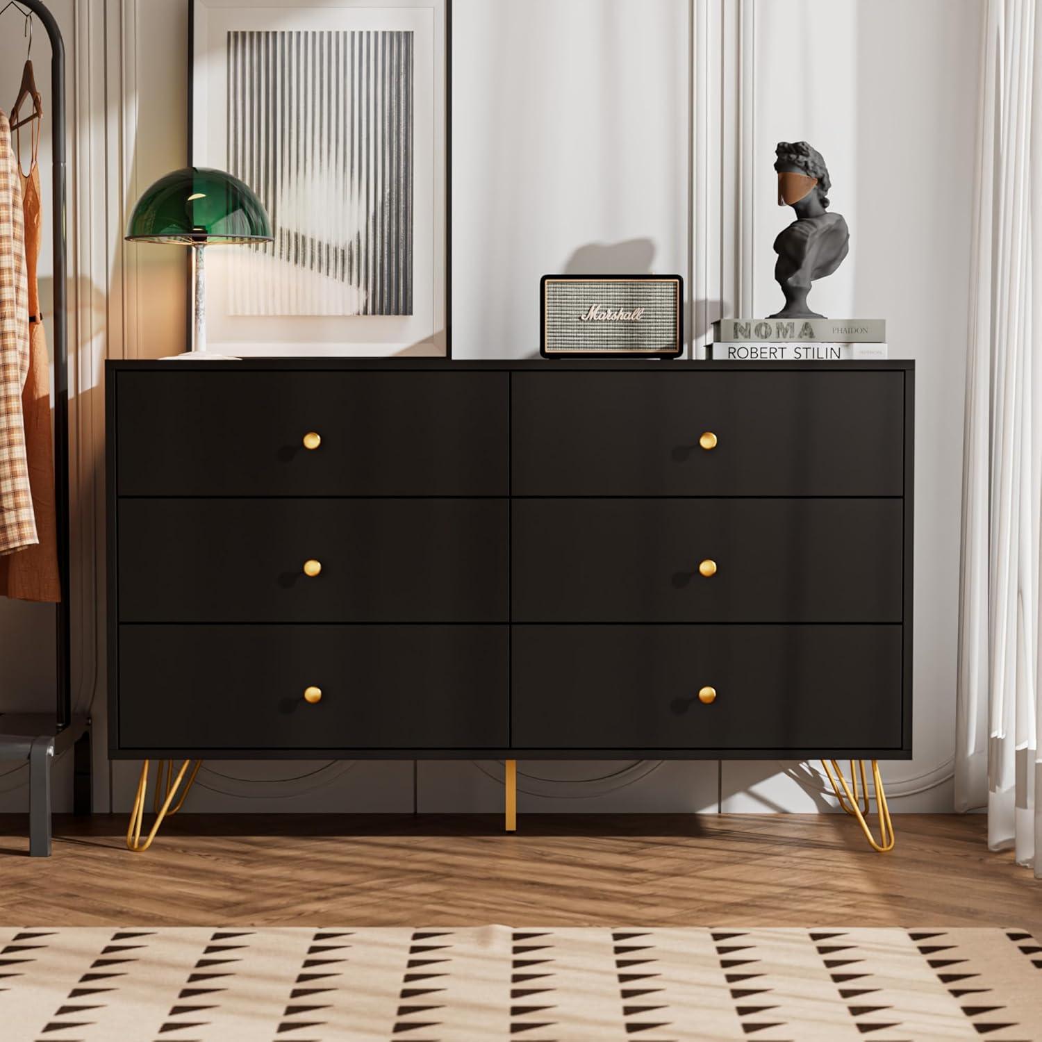 Black Dresser for Bedroom, Modern 6 Drawer Dresser, Wide Chest of Drawers with Gold Handles, Wood Double Dresser Storage Cabinet for Living Room, Bedroom, Hallway