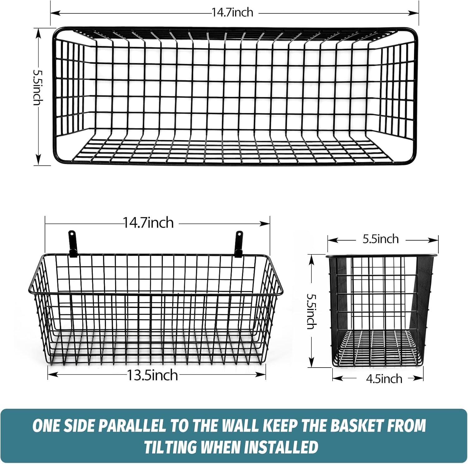 Extra Large Black Metal Wall Mount Storage Baskets, Set of 4