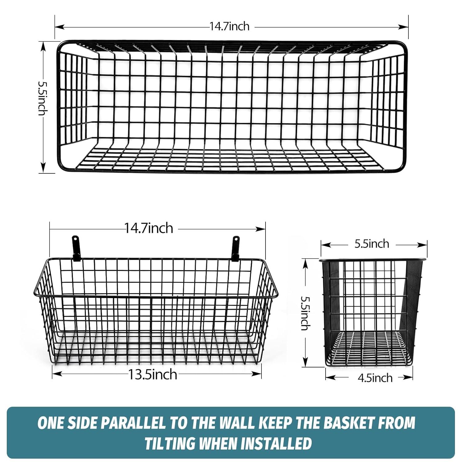 [2 Wall Mounting Options], 4 Set EXTRA LARGE Hanging Wall Mount Basket for Storage with Adhesive Hooks & Steel Hooks, Sturdy Wire Metal Baskets, Home Kitchen Bathroom Pantry Organizer, Industrial Gray