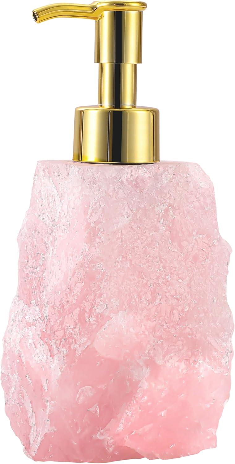 Rose Quartz Crystal Dispenser - Glossy Gold Color Pump - Natural Stone Soap Dispenser for Bathroom