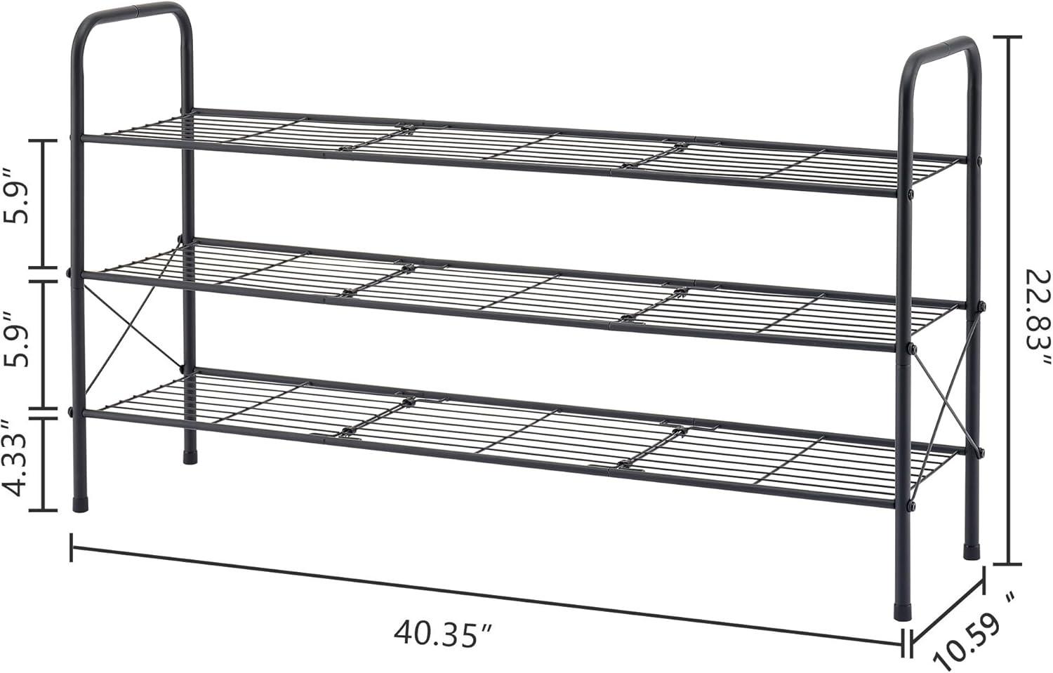 YASONIC Shoe Rack Storage Organizer, 3-Tier Black Shoe Shelf, 24 Pairs, Iron Poles & Plastic Connectors