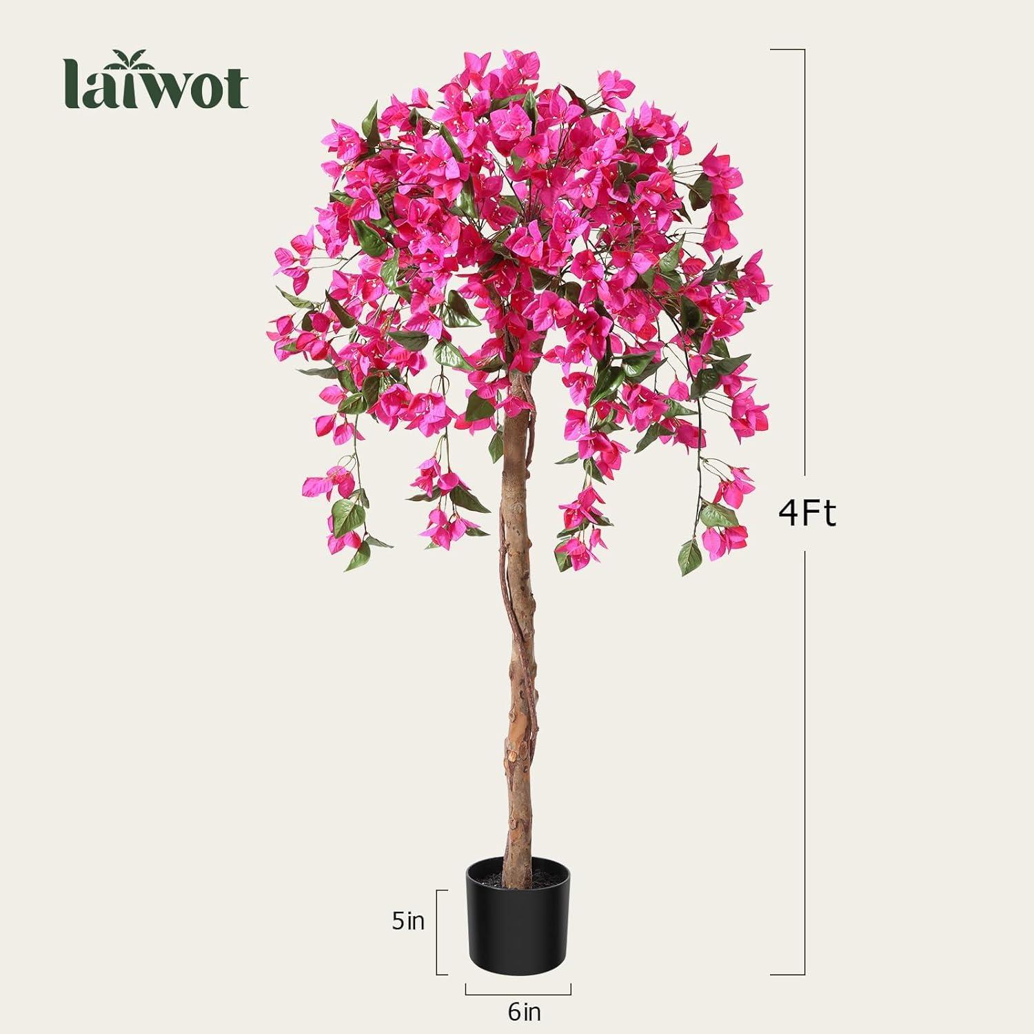 5FT Artificial Bougainvillea Tree Potted Fake Plant with Wood Trunk and Pink Flowers for Indoor Office Wedding Home Decor