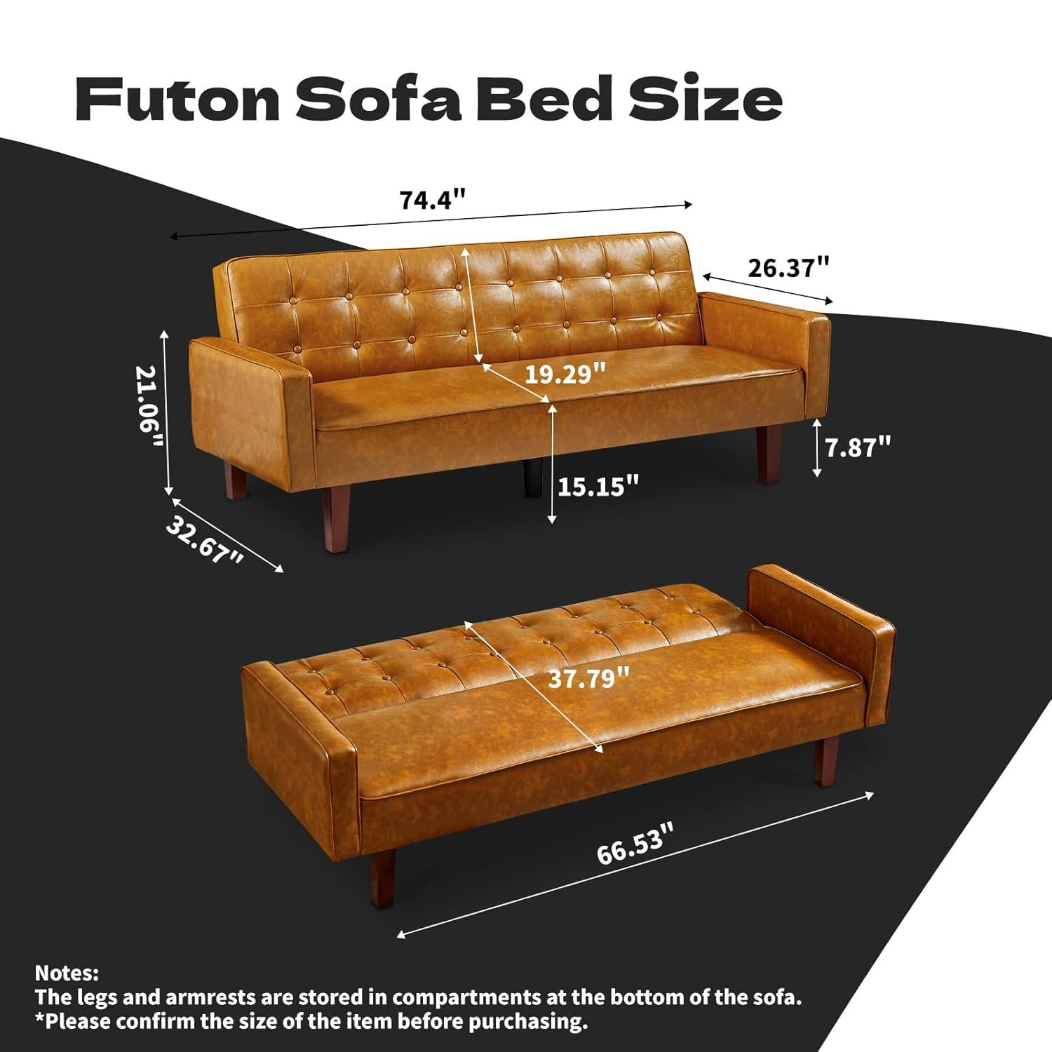 66" PU Leather Futon Sofa Bed, Adjustable Backrest Convertible Loveseat Sleeper Couch with Tapered Wood Legs for Small Space Living Room, Brown