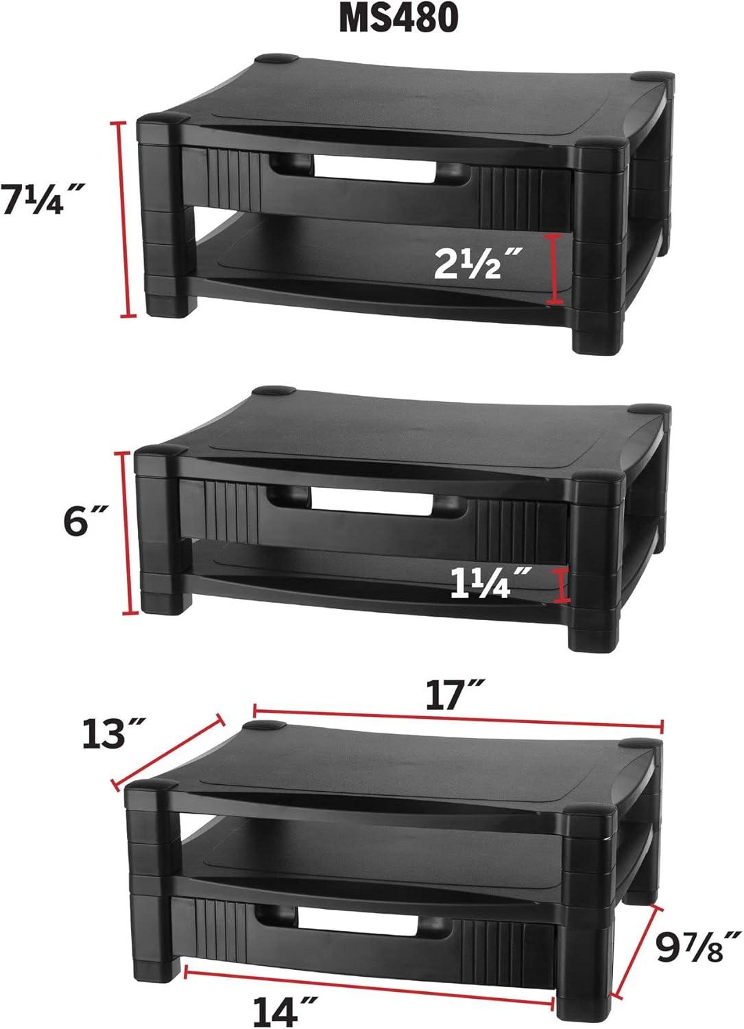 Kantek MS420 Height-Adjustable Stand with Drawer, 17 x 13 1/4 x 3 to 6 1/2, Black