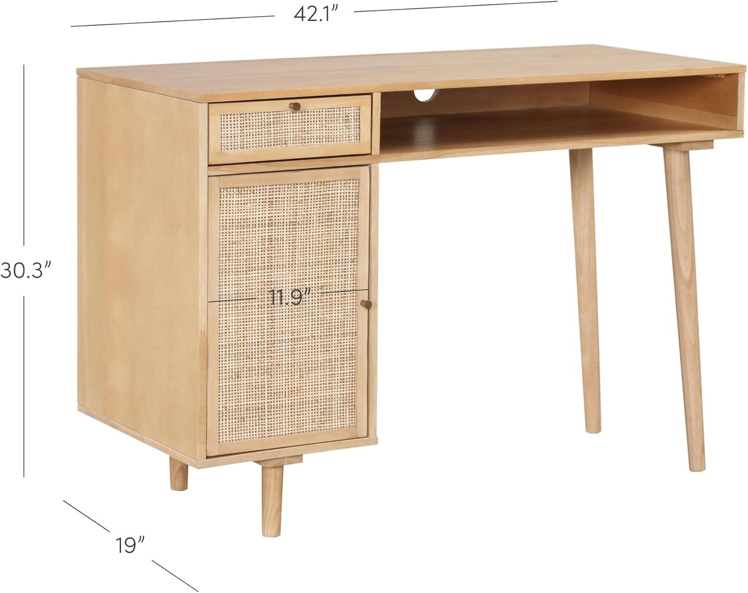 Warm Pine Rattan Desk with Drawer and Storage