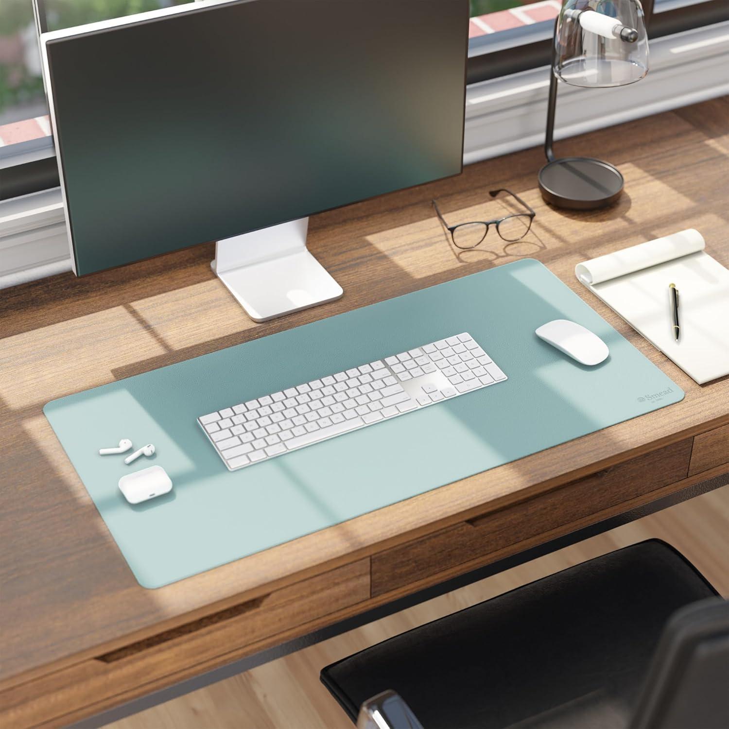 Superior Blue Faux Leather Desk Pad with Non-Slip Backing, 31.5" x 15.7"