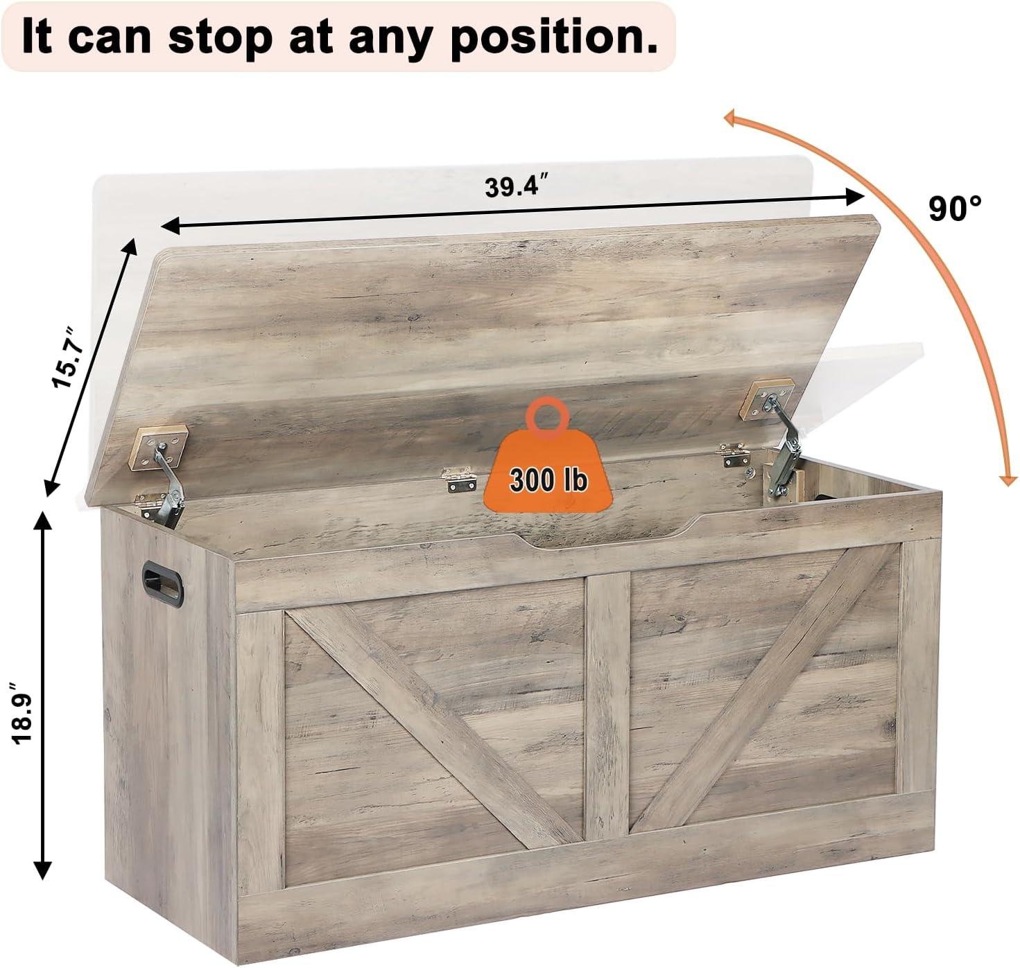 39.4" Storage Chest, Wooden Storage Bench, Large Storage Trunk with 2 Safety Hinges, Entryway Shoes Bench for Living Room, Bedroom, Grey