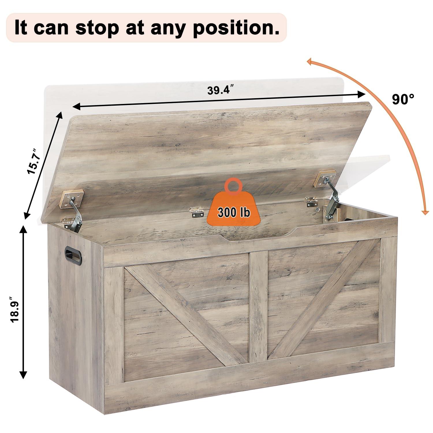 39.4" Storage Chest, Wooden Storage Bench, Large Storage Trunk with 2 Safety Hinges, Entryway Shoes Bench for Living Room, Bedroom, Grey