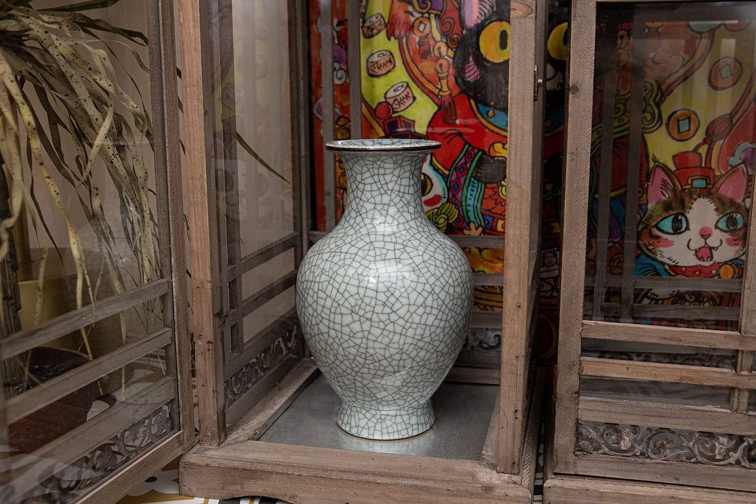 Green Ceramic Vase for Home Decor, Rustic Oriental Vases, Glazed Decorative Farmhouse Vase for Mantel, Table, Bookshelf, Living Room Decoration(Green)