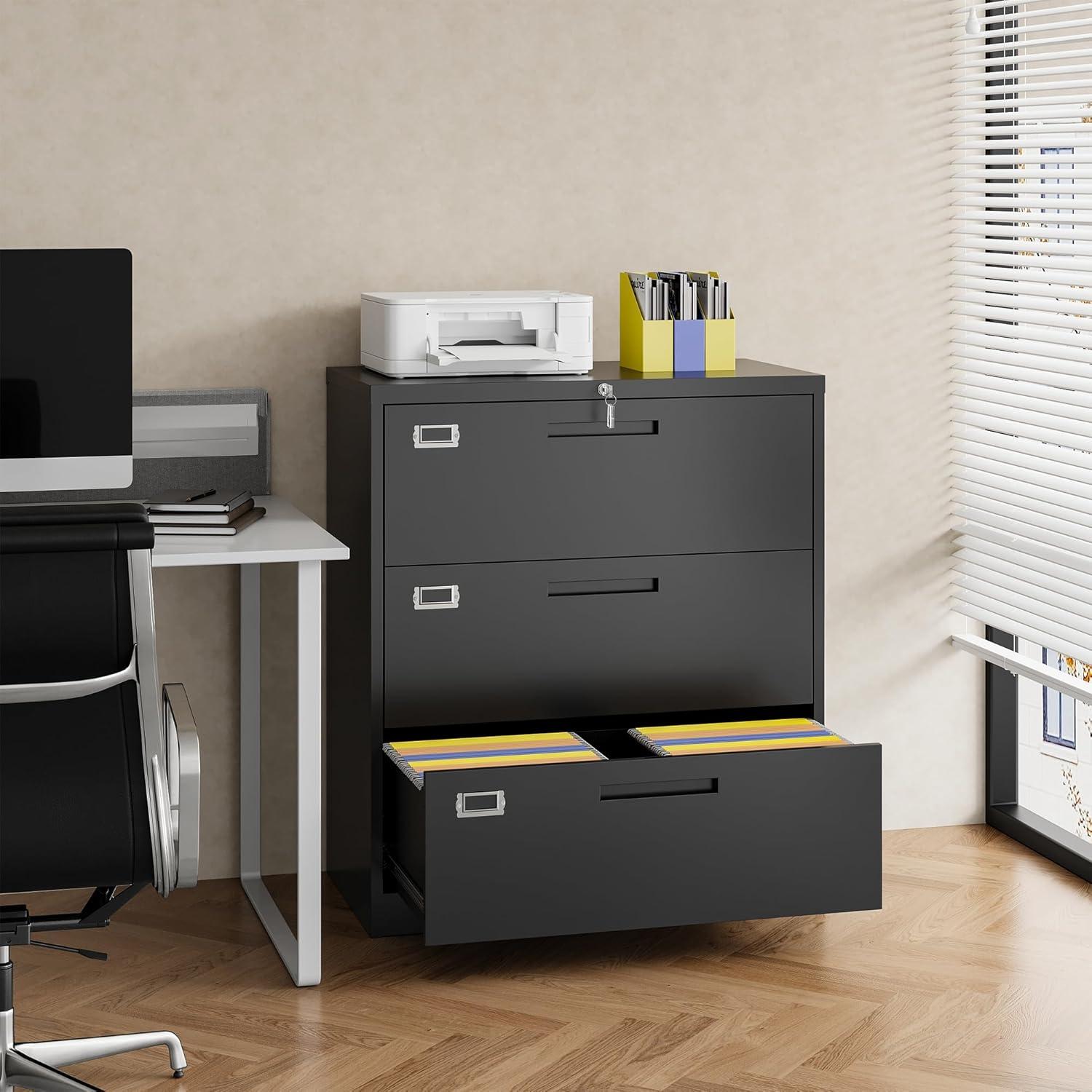 3 Drawer File Cabinet with Lock,Under Desk File Cabinet with Wheels,Black Rolling File Cabinet,Three Drawer Metal Filing Cabinet for Home Office,Fit A4/Letter/Legal File,Fully Assembled Except Casters