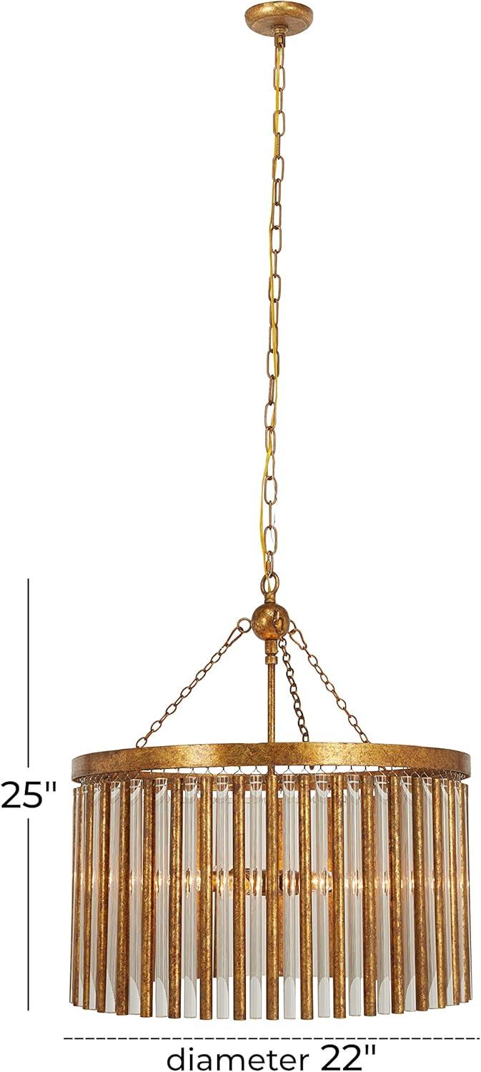 DecMode 22" x 25" Brass Metal Crystal Embellished 6 Light Chandelier with Link Style Chain, 1-Piece