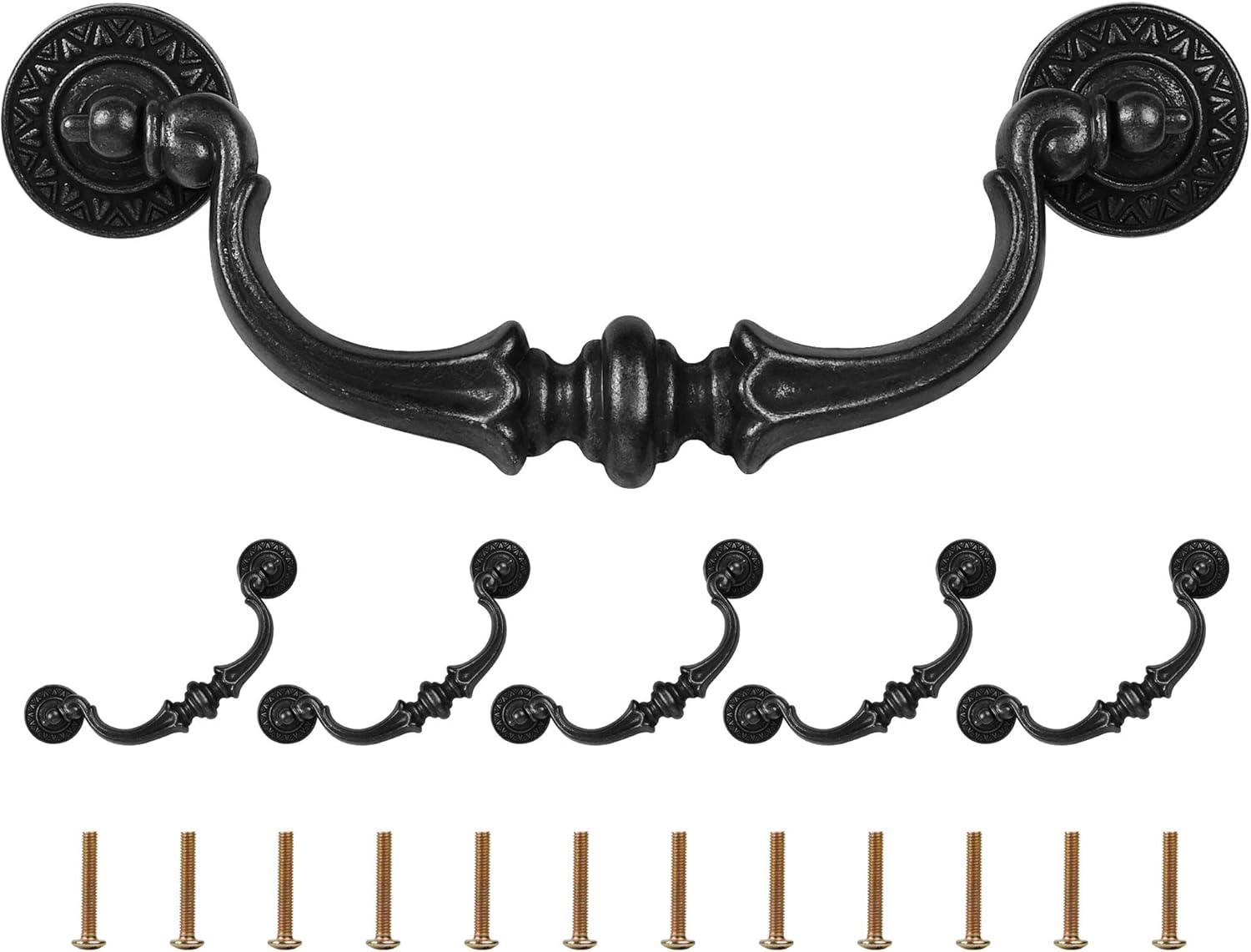 Supkiir 6 Pack Drawer Pulls Handles, 5.5" Hole Center Vintage Antique Black Kitchen Cabinet Knobs Drop Bail Pulls Handles 6.7" Total Length