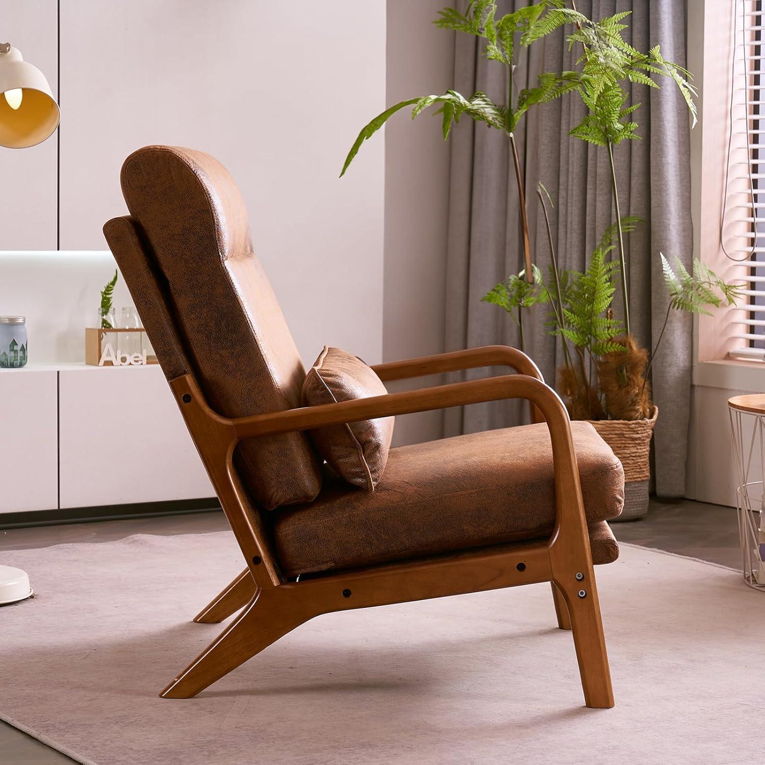 Brown Bronzing Cloth and Oak Wood Mid-Century Modern Armchair