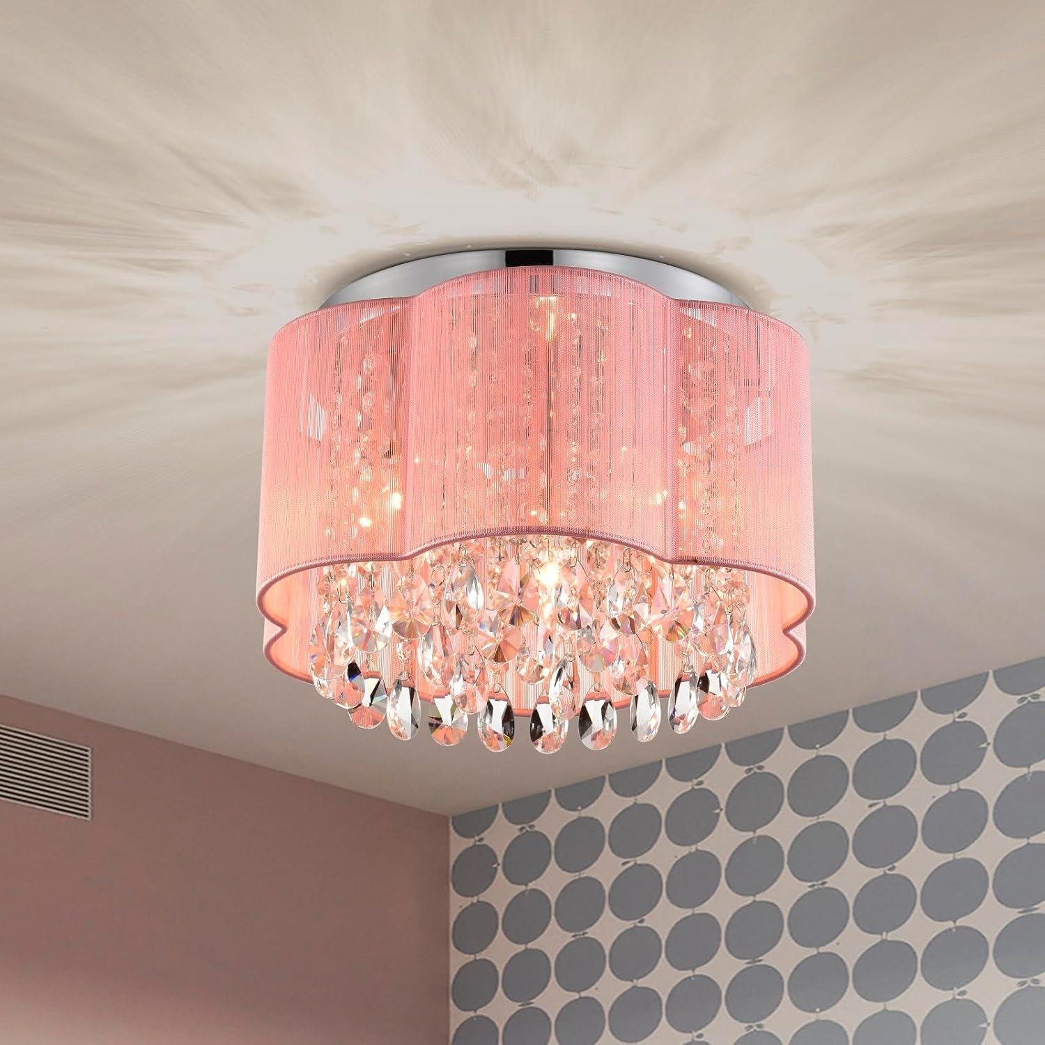 Pink Chandelier Drum Flush Mount Chandelier Crystal Ceiling Light Fixture 3 Light Bedroom Chandelier