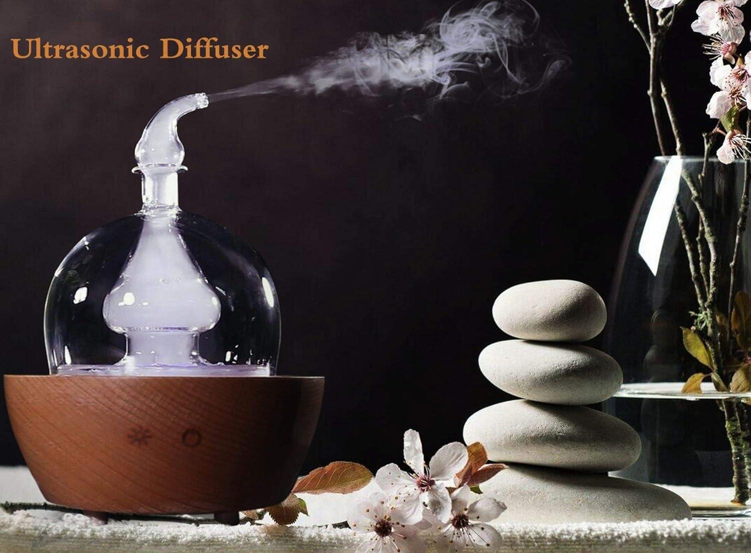 EcoGecko Aroma Essential Oil Diffuser made from Wood and Hand Blown Glass for Aromatherapy Nebulizer Pure Essential Oils with Touch Button Timer and 7 Color LED lights