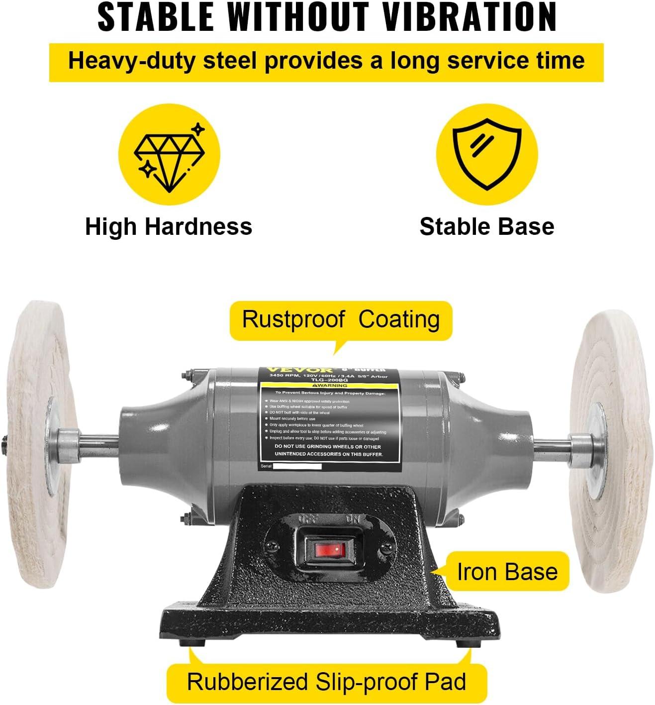 VEVOR Bench Buffer Polisher, 1/2HP Polishing Buffing Machine, 0 to 8000RPM Benchtop Polisher Grinder with 4" Cloth Wheel, 3" Grinding Wheel & 3" Fiber Wheel for Metal, Jewelry, Wood and Plastic