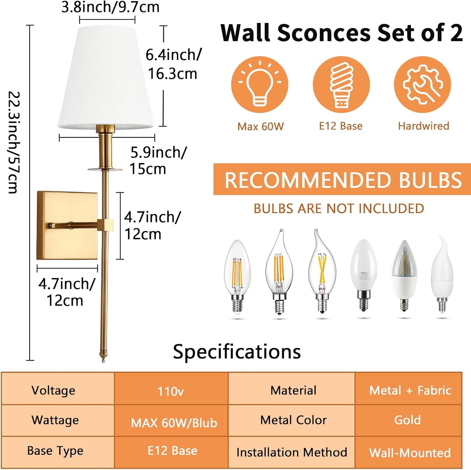 Gold Wall Sconces Set of Two, Modern Crystal Wall Light with E26 Socket Hardwired Sconces Wall Lighting Bedside Wall Lamp Crystal Decor Wall Mount Light Fixture for Living room, Bedroom, Hallway