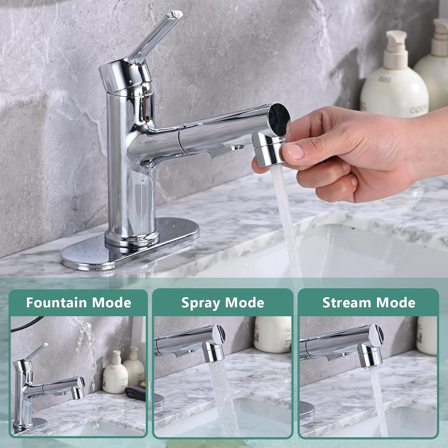 Chrome Single Handle Bathroom Faucet with Pull Out Sprayer