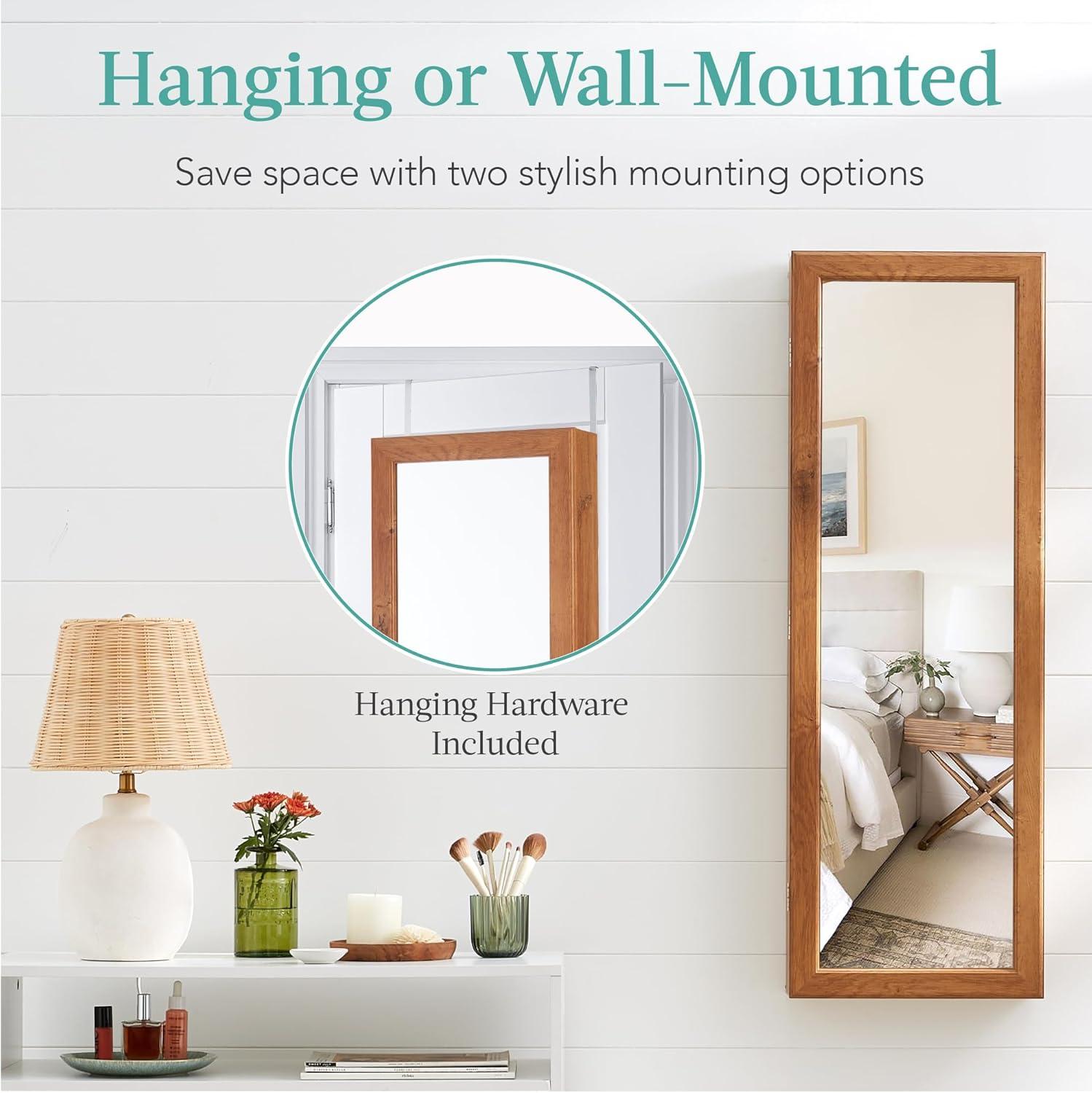 Best Choice Products Hanging Mirror Jewelry Armoire, Door or Wall Mounted Cabinet w/ LED Lights, Lock - Rustic Brown